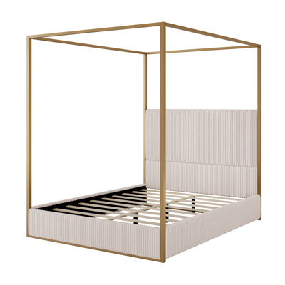 Modern Luxury Metal Canopy Bed with Tall Corduroy Upholstered Headboard