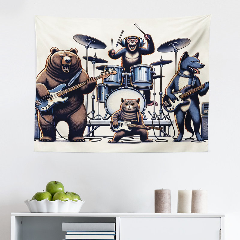 Winston Porter Musician Animals Wall Hanging Tapestry Wolf Bear Monkey Lavender Blue Brown White, H 30 po x l 45 po