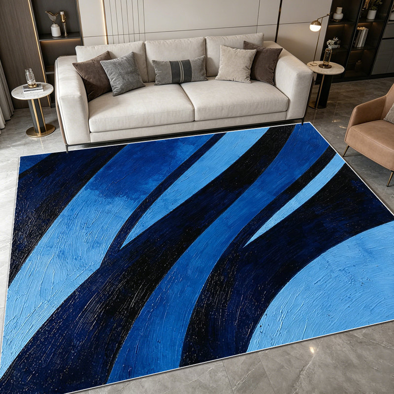 1PC Abstract Navy Blue Ombre Curved Stripe Geometric area rugs for Living Room, Soft and Comfortable, Suitable for all seasons, easy-to-maintain, machine washable Indoor floor mat, Under Table Farmhouse suitable for dining table, bedroom bedside,