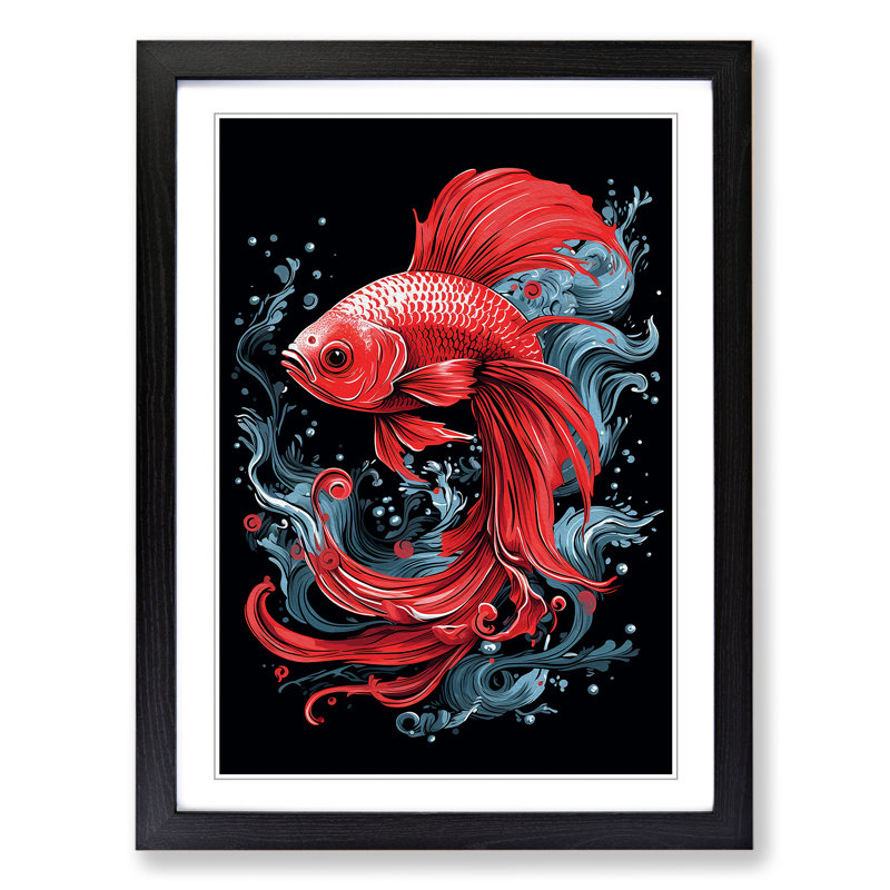 Siamese Fighting Fish Line - Framed Print, 34cm H x 25cm W x 2cm D, Black 