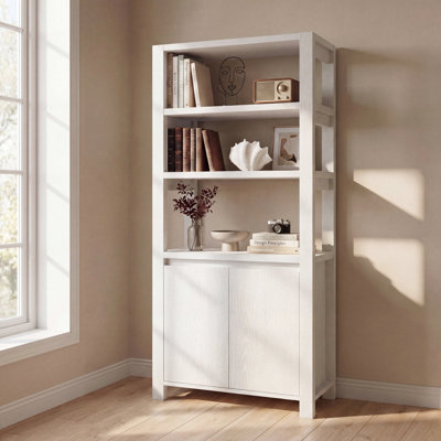 Sturdy Wood Bookcase with 2-Door Storage Cabinet, Premium Solid Display Shelving for Modern Farmhouse & Japandi Interiors,White