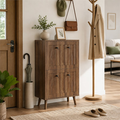 Armoire à chaussures verticale rainurée, rangement double et pieds en bois