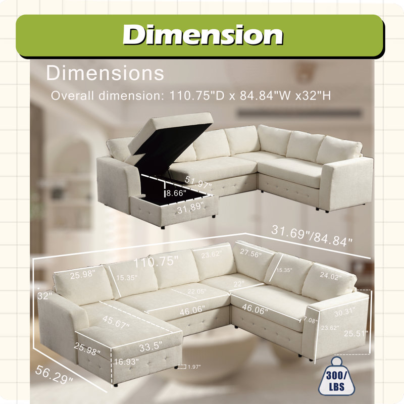 110.75" Sectional Sofa,Oversized Modular Sofa,Chaise Storage, Beige Chenille