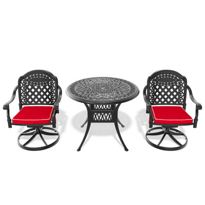 L'ensemble de salle à manger toutes saisons en fonte d'aluminium comprend 2 chaises pivotantes et une table ronde de 35,43 po avec structure noire