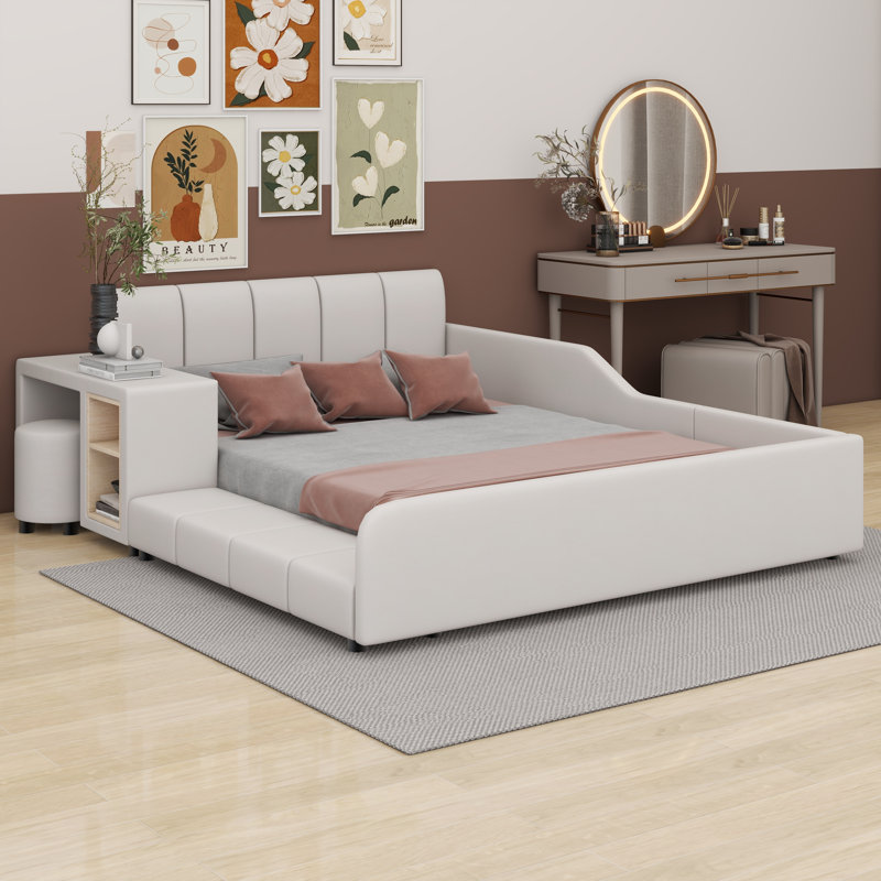 Lit plateforme tapissier avec rangement Leavie, Beige, Double