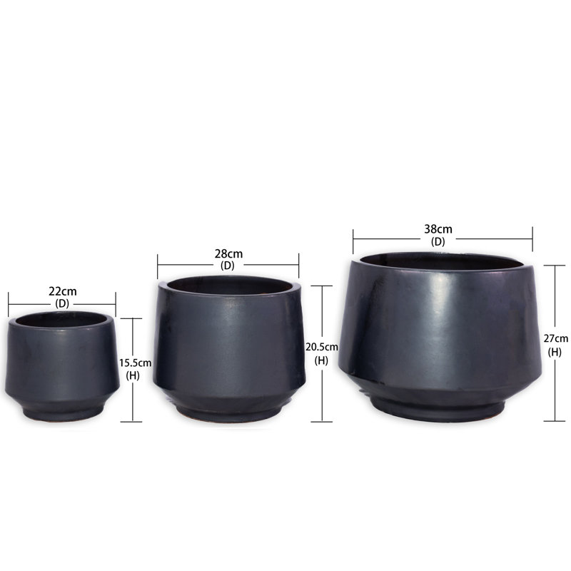 Ensemble de 3 pots à fleurs en céramique émaillée noir fait à la main, Gris antique