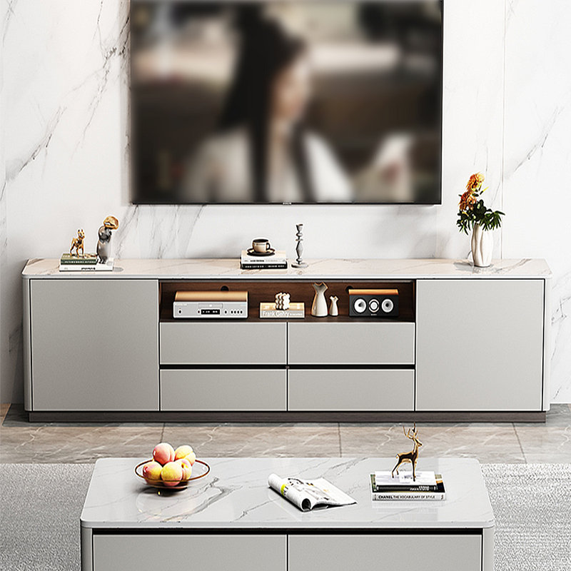Meuble télé moderne en pierre frittée minimaliste, H 23,62 po x L 94,49 po x l 15,75 po