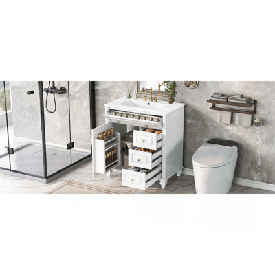 Meuble-lavabo de 76 cm avec lavabo, meuble sur pied avec tiroir rabattable, 3 tiroirs et placard de rangement, bois massif et MDF, lavabo en céramique