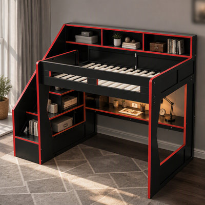Lit mezzanine de jeu pleine grandeur avec escalier de rangement, étagères ouvertes dans la tête de lit, éclairage DEL et bureau de chargement USB, cadre de lit mezzanine surélevé avec découpe en forme de maison pour les joueurs, noir et rouge