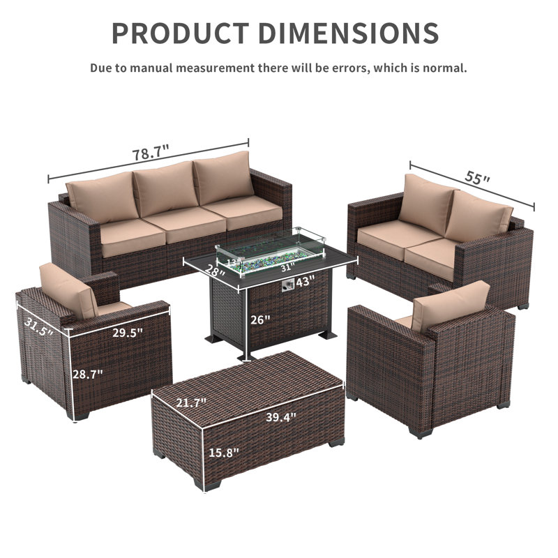 Azoriah 7 Person Outdoor Seating Group with Fire Pit Table, Beige