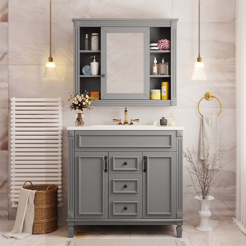 Meuble-lavabo 36 po avec lavabo supérieur, armoire à miroir Royal, armoire de rangement moderne avec 2 portes à fermeture douce et 2 tiroirs, meuble-lavabo simple