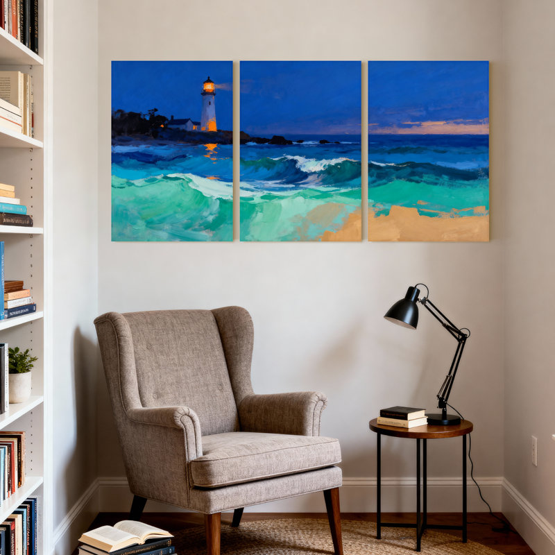 Nautique et plage, phare la nuit, océan, vagues, plage, ensemble de 3 impressions sur toile, H 18 po x l 36 po