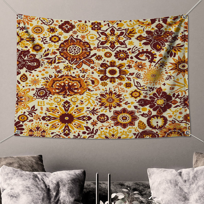Tapisserie murale motif floral ornemental - Décoration murale fleurs, 68 po H x 80 po L avec 4 œillets
