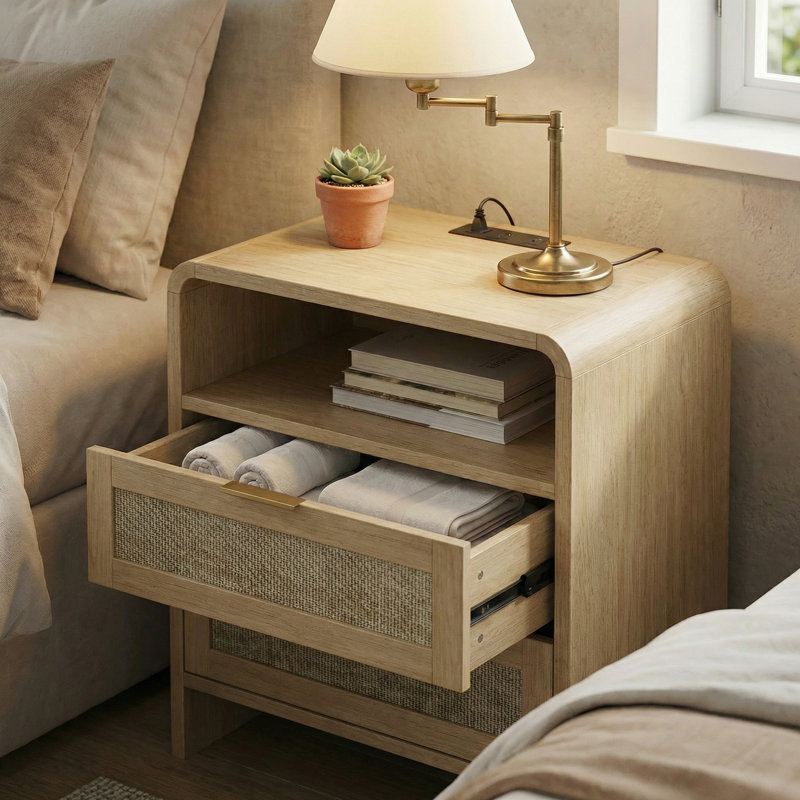 Rattan Nightstand with 2 Drawers & Charging Station, Modern Bedside Table with Open Shelf and Curved Design for Bedroom, 1