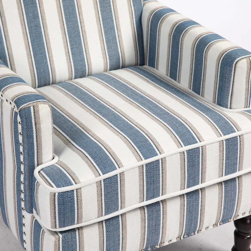 Clorice Classic Mid-Century Modern Armchair with Nailhead Trim, Blue Striped Linen