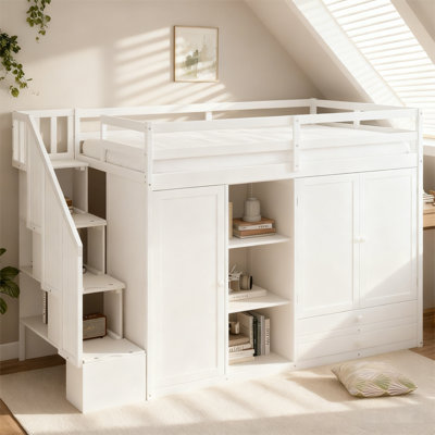 Lit mezzanine en bois massif avec rangement intégré de qualité supérieure et conception multifonctionnelle