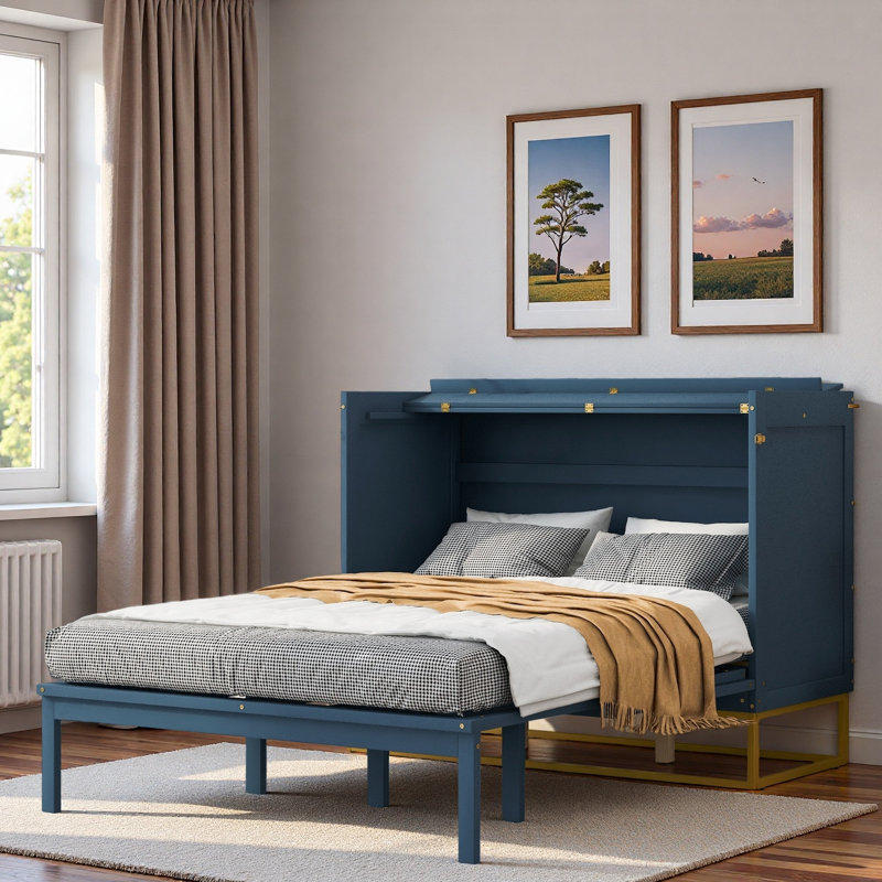 Lit escamotable moderne avec tablette intégrée et base en métal doré, Bleu