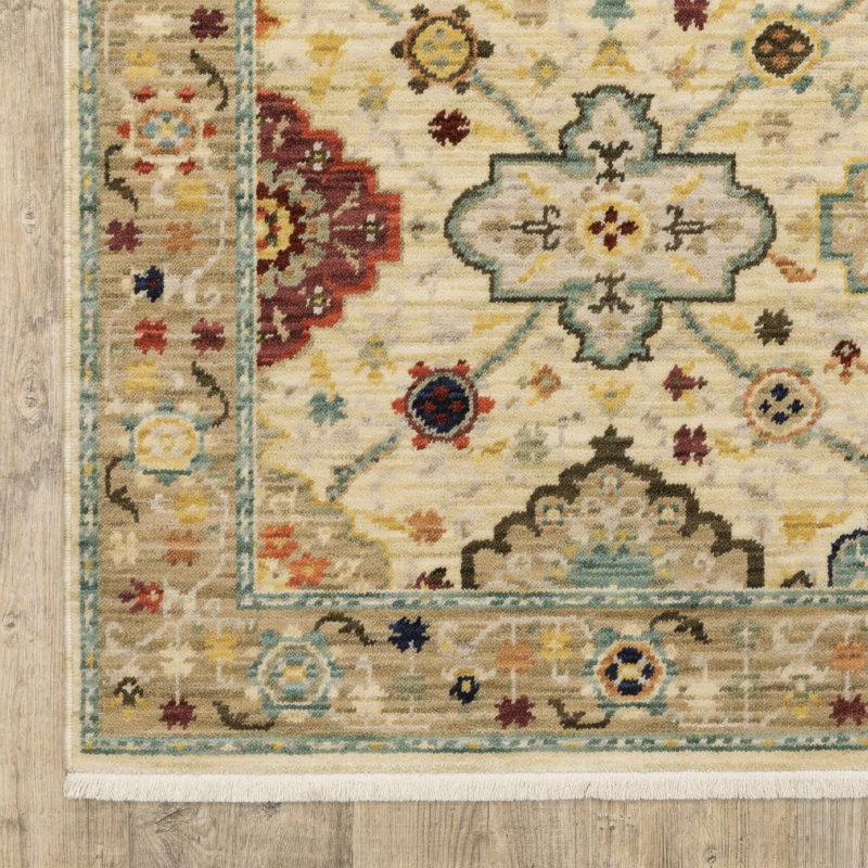 Tapis oriental en laine tissé à la machine Mickyla beige / vert / gris, Rectangle 3 pi 3 po x 5 pi