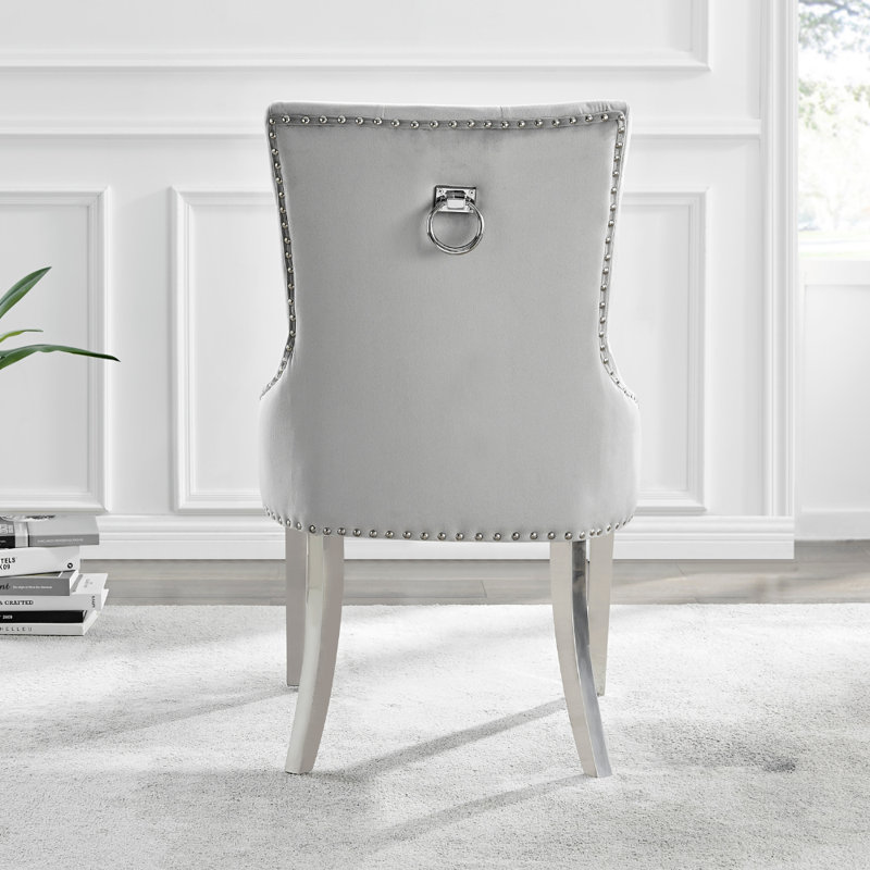Eubanks Velvet Knockerback Dining Chairs with Metal Rivets and Chrome Legs, Grey, Silver