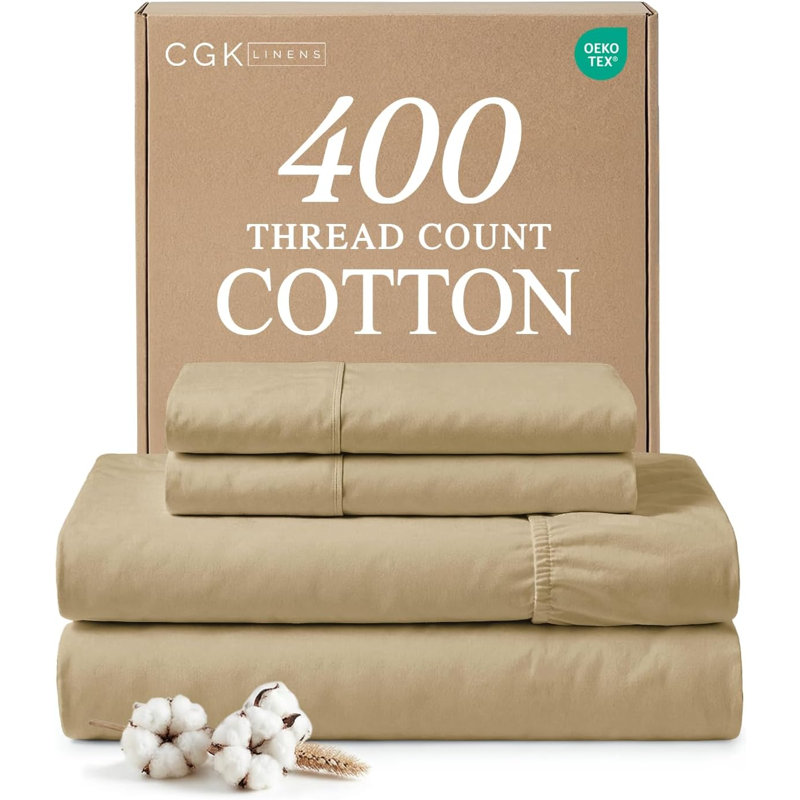 100% Cotton Sheet Set, 400 Thread Count Hotel Luxury Bedding, Soft & Breathable Bed Sheets, 4 Piece Set, Beige