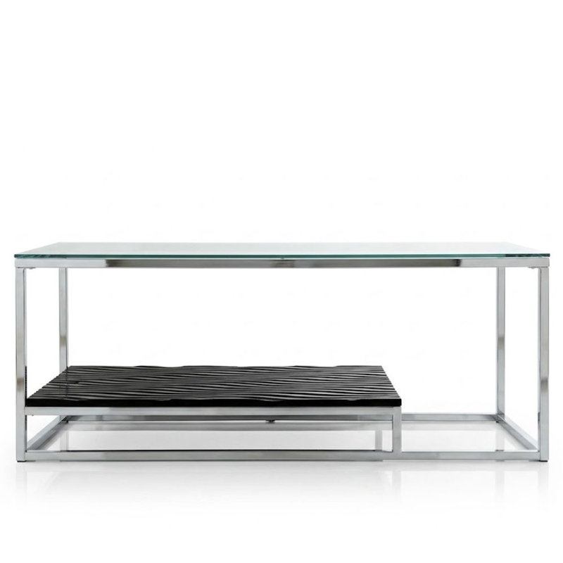 Odilia Table basse rectangulaire en verre noir / chrome avec tablette inférieure ondulée