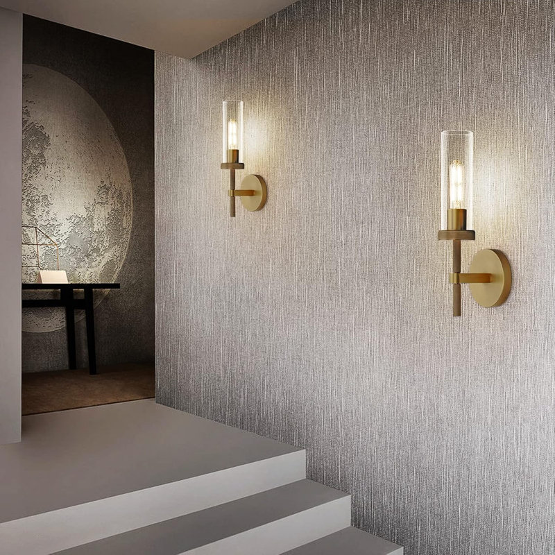 Martajah Solid Brass Wall Sconces with Tube Glass (Bulbs Include) (Set of 2), Brass, 14.37" H x 4.64" W x 4.64" D