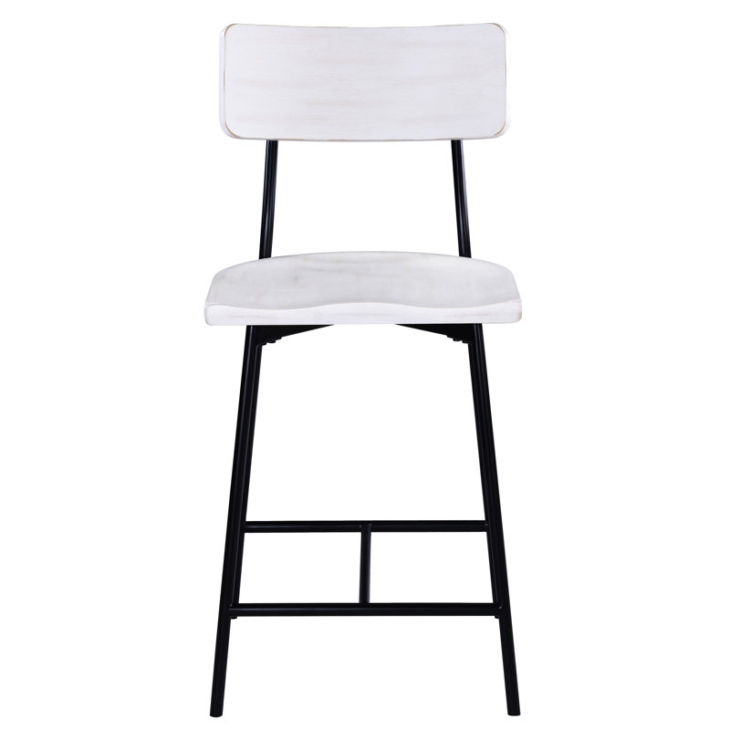 Tabouret de comptoir, dossier en forme, siège en bois de selle épais, structure en métal noir thermolaqué, glissières de bar réglables blanchies, repose-pieds moderne,