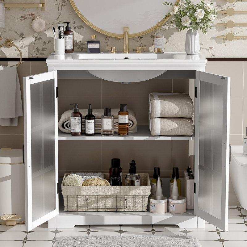 Bathroom Vanity With Sink, Bathroom Vanity Cabinet With Tempered Blurred Glass Doors, White
