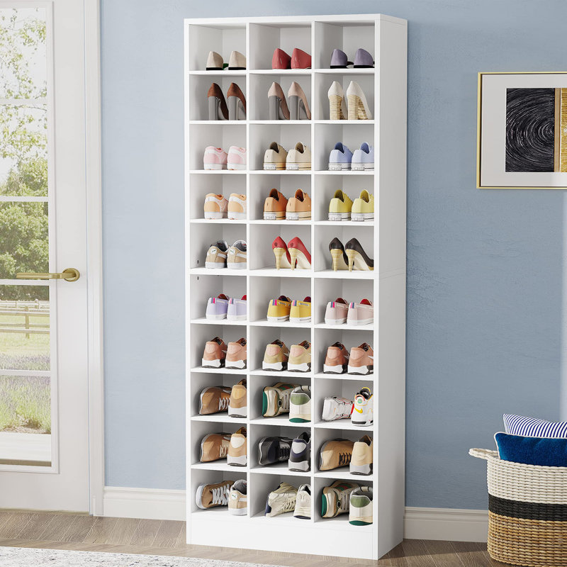 White 10-Tier Wooden Shoe Storage Cabinet with 30 Cubbies