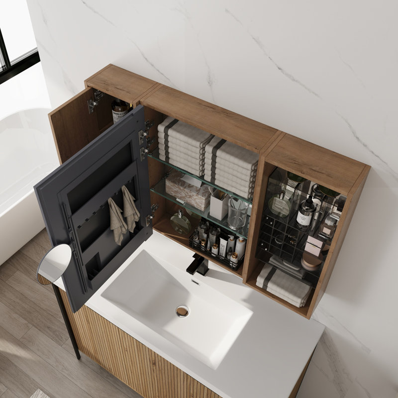 Armoire de toilette 41,4 po avec rangement, armoire à pharmacie murale avec porte miroir, tablettes en verre réglables, contreplaqué