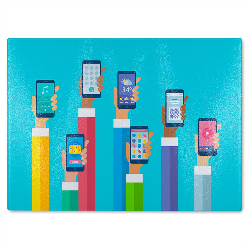 Hands Holding Smart Phones Glass Chopping Board