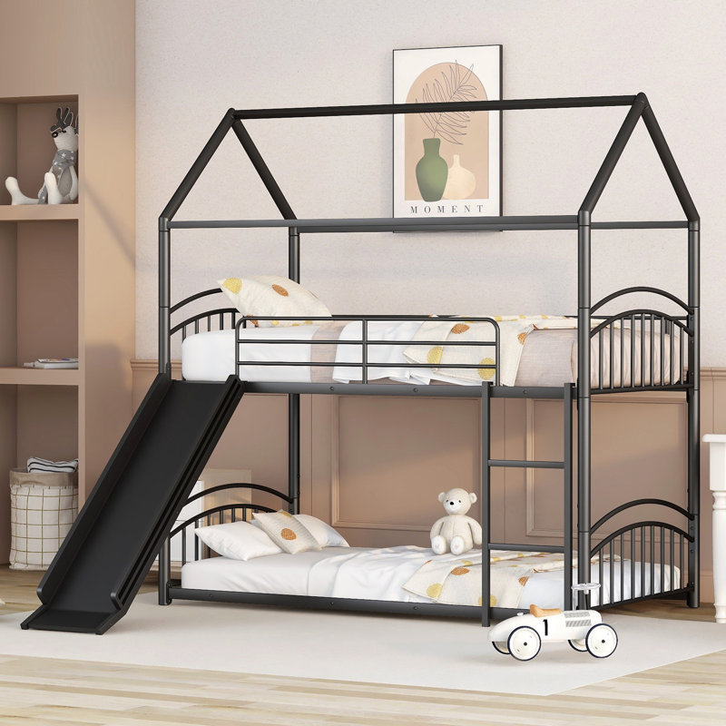 Rarden Kids Twin Over Twin Bunk Bed with Slide, Black