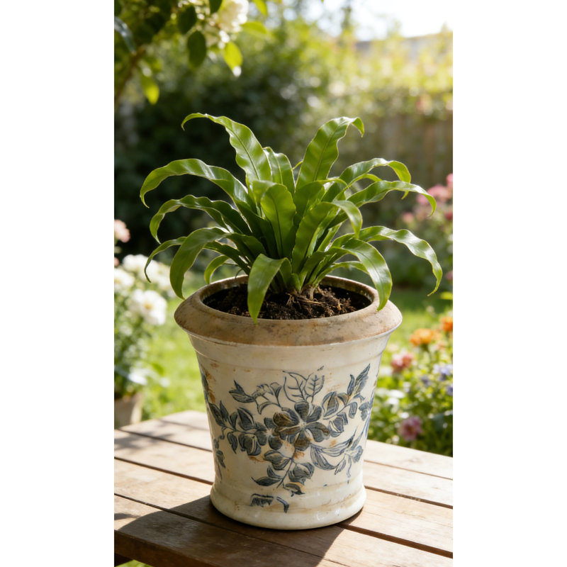 Pot de fleurs en céramique, forme évasée, blanc vieilli, motifs floraux noirs, décor pour plantes succulentes et plantes vertes.
