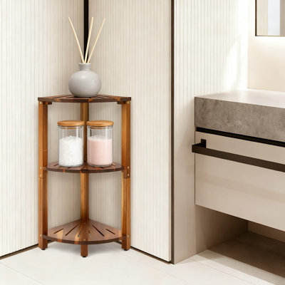 Support de coin de douche à 3 niveaux, organisateur de salle de bain en bois d'acacia naturel avec trous de drainage, pieds réglables pour un rangement stable dans la douche, la cuisine, le salon