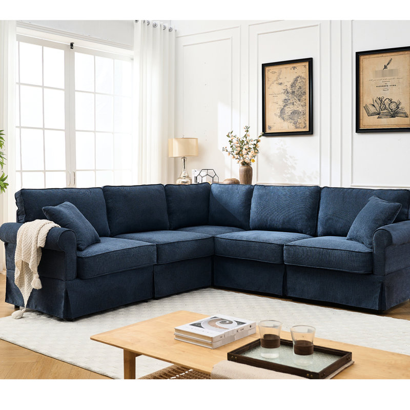 Canapé modulaire en L à 5 places avec revêtement bleu foncé et 5 coussins modulaires, H 35,44 po x l 96,55 po x P 95,42 po