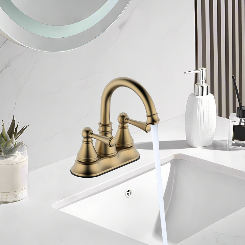 Derengge Centerset 2-Handle  Bathroom Sink Faucet With Plastic Overflow Pop-Up Drian, Brushed Gold