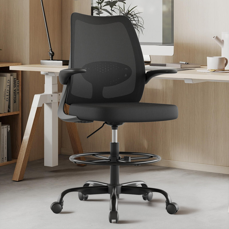 Breathable Mesh Drafting And Office Chairs With Adjustable Foot Pedals And Armrests, Black