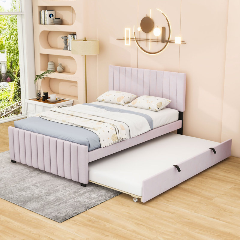 Elegant Velvet Upholstered Bed with Twin Trundle, Full, Pink