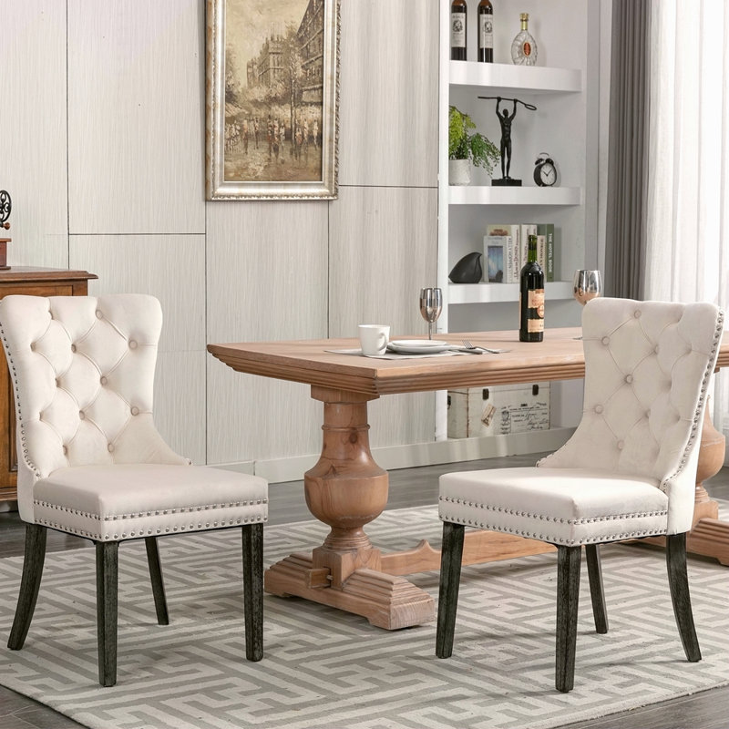 Ensemble de 2 chaises de salle à manger rembourrées en velours avec poignée à oreilles cloutées haut de gamme, Beige
