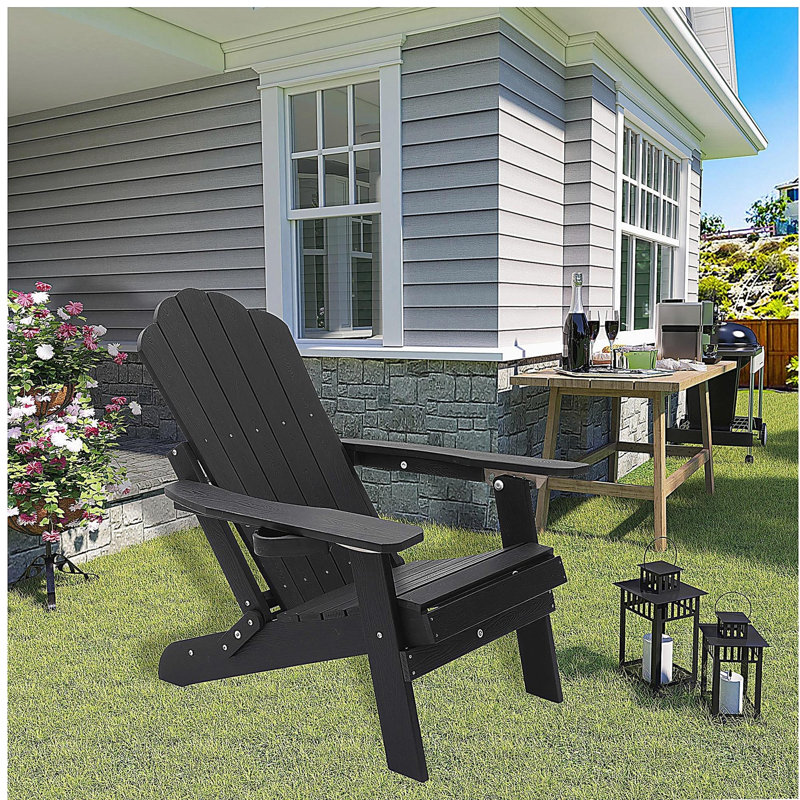 Chaise Adirondack réglable avec porte-gobelet, chaise toutes saisons pour terrasse (noire), Noir