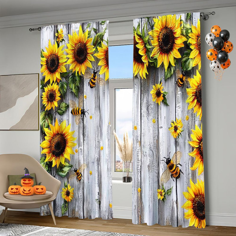2Pcs Farmhouse Sunflower Bees Window Curtains Rustic Whitewashed Wood Thermal Insulated Room Darkening Panels Country Style Decorative Rod Pocket Curtain for Kitchen Living Bedroom