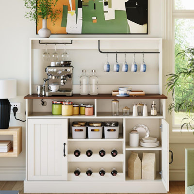 47" Farmhouse Coffee Bar Cabinet with Power Outlets, Wine & Glass Rack, Buffet Storage for Dining Room