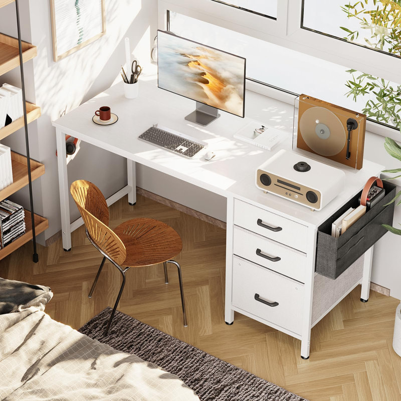 40" Small Computer Home Office Desk For Bedroom With Fabric Drawers & File Cabinet, Cloth Storage Bag And Hook, Writing Study Work Table For Small Space, White