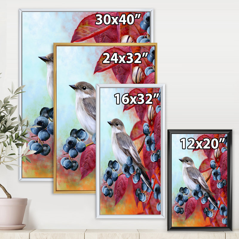 Petit oiseau gris sur un rameau d'automne rouge sur bleuet - impression sur toile, H 40 po x l 30 po x P 1 po