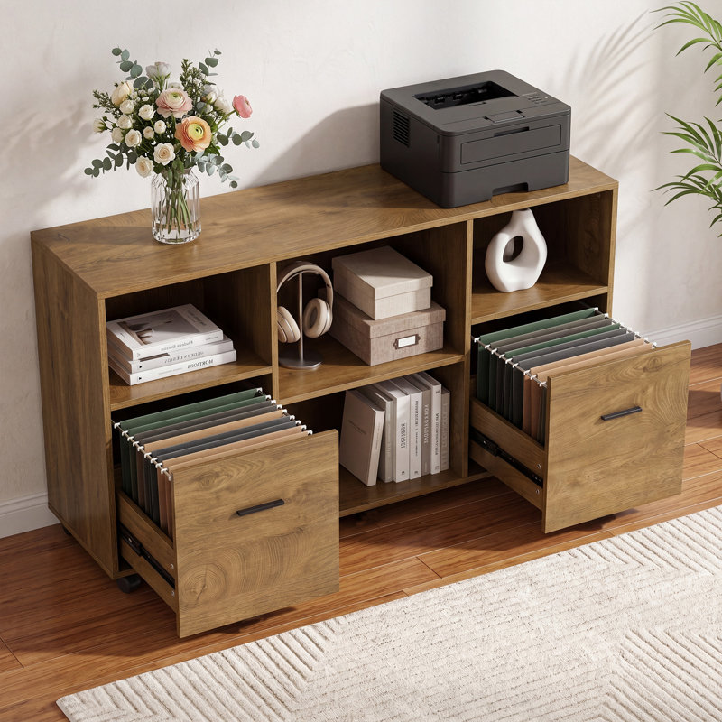 Bureau en L de 63 pouces avec classeur à roulettes, ensemble de bureau de direction en bois de ferme avec tablettes de rangement et tiroirs pour le bureau personnel