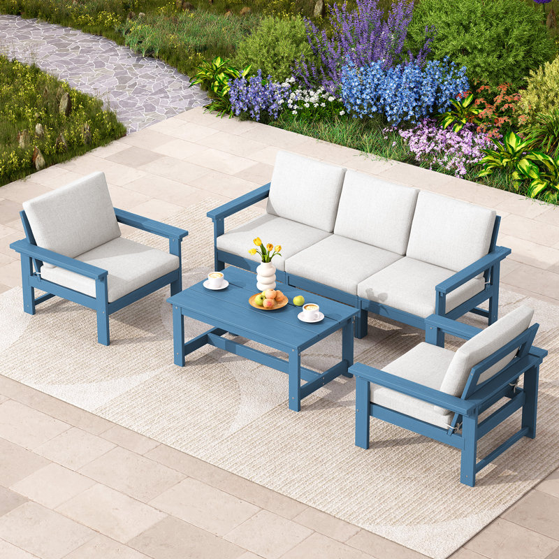 Reata HDPE 4 Piece Sofa Seating Group with Cushions, White, Blue