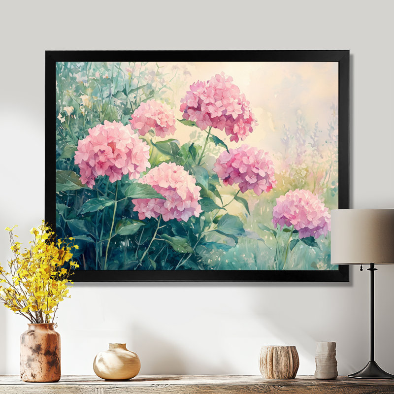 Hortensias dans un pré d'été I - hydrangées, art mural large, Reproduction encadrée d'une seule photo, Noir