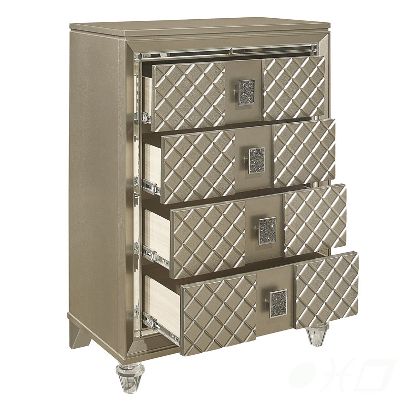 Commode glamour à 4 tiroirs avec pieds en acrylique et bordure de miroir biseautée glamour