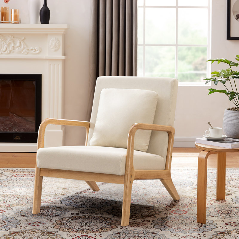 Fanci 25.6" Wide Accent Chair, Beige Linen / Medium Yellow Wood