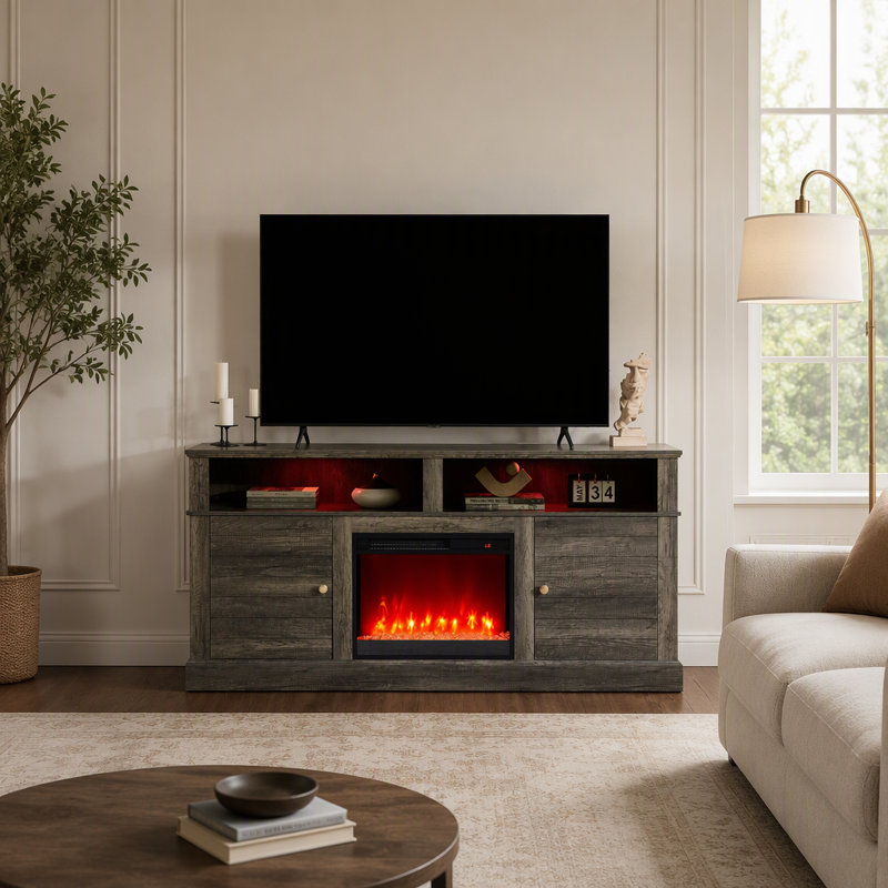 Meuble télé moderne avec foyer électrique intégré et rangement pour le salon.